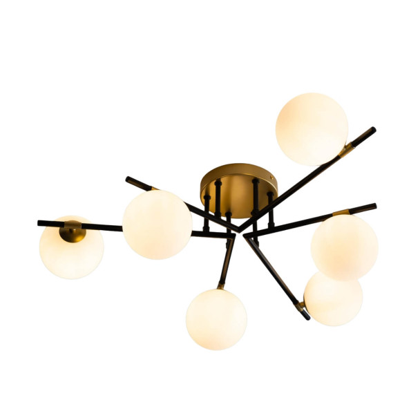 Plafondlamp in zwart-goud met 6 witte glazen...