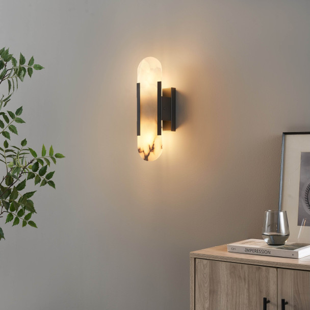 Chique wandlamp zwart metaal natuursteen - Enola