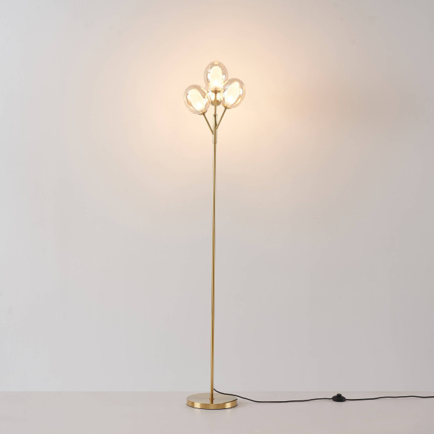 Gouden vloerlamp slank frame vier amber glazen bollen - Seryn