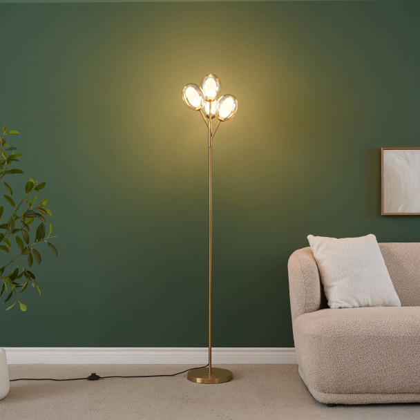 Gouden vloerlamp vier amber glazen bollen slanke stang - Seryn