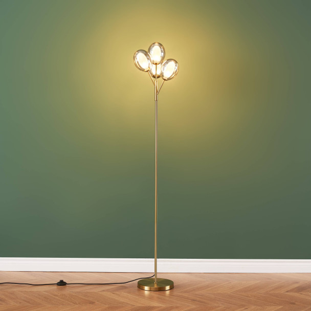 Hoge gouden vloerlamp vier amber glazen bollen - Seryn