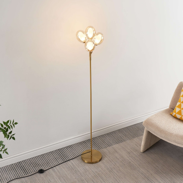 Moderne gouden vloerlamp vier amber glazen bollen helder - Seryn