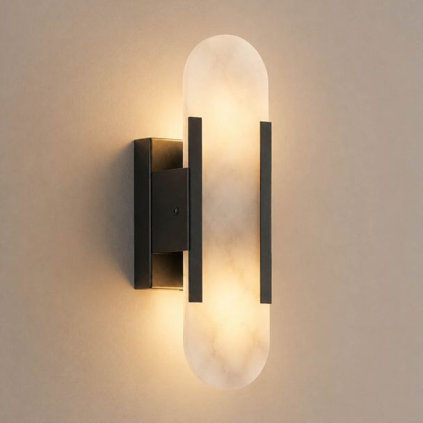 Chique wandlamp in zwart metaal met albast marmerlook - Enola