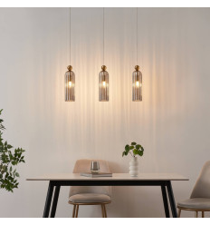 Gouden hanglamp met geribbeld rookglas - Leonora 2