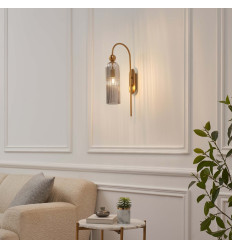Grote gouden boog wandlamp met getextureerd rookglas -...