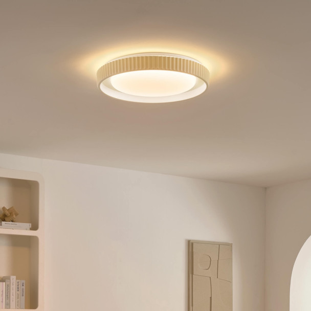 Dimbare ronde beige geribbelde plafondlamp met...
