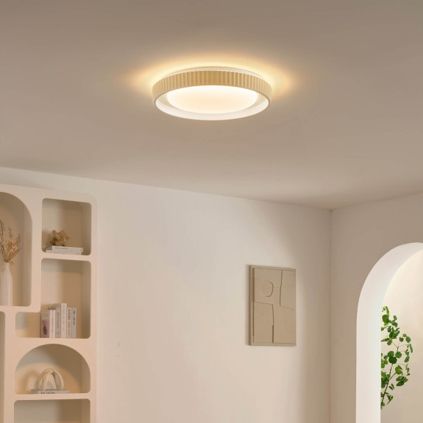 Dimbare ronde beige geribbelde plafondlamp met...