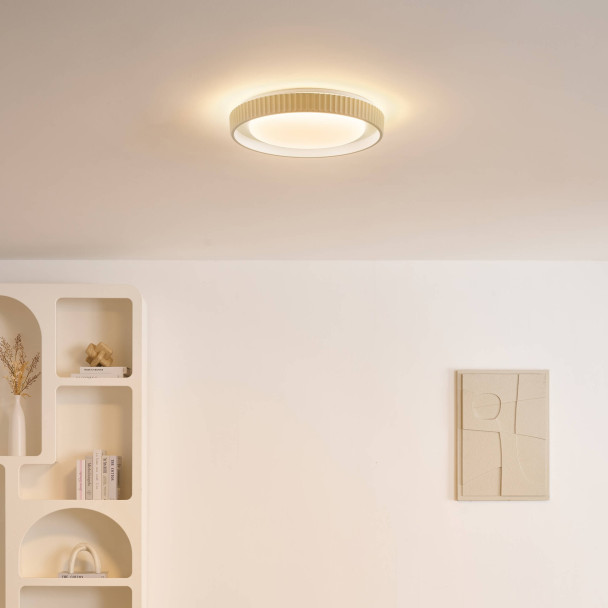 Dimbare ronde beige geribbelde plafondlamp met...