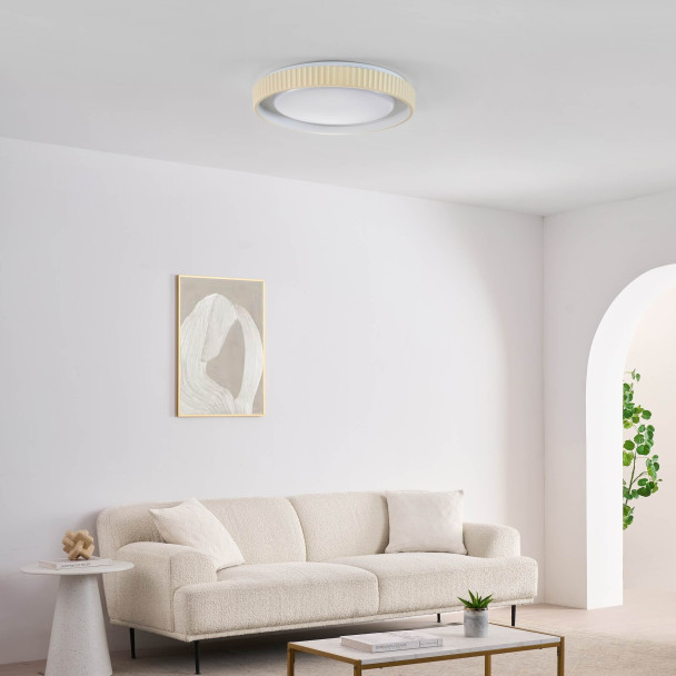 Dimbare ronde beige geribbelde plafondlamp met...
