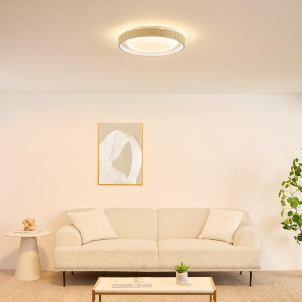 Dimbare ronde beige geribbelde plafondlamp met...