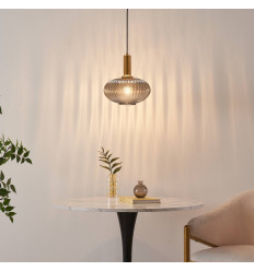 Kleine gounden design hanglamp met grijs geribbeld glas -...