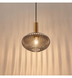 Kleine gounden design hanglamp met grijs geribbeld glas -... 2