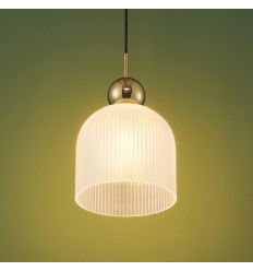 Moderne hanglamp met geribbeld wit glas en gouden bol -... 2