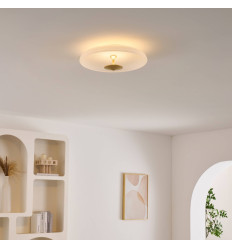 Gouden vintage plafondlamp met schijf van wit matglas 40...