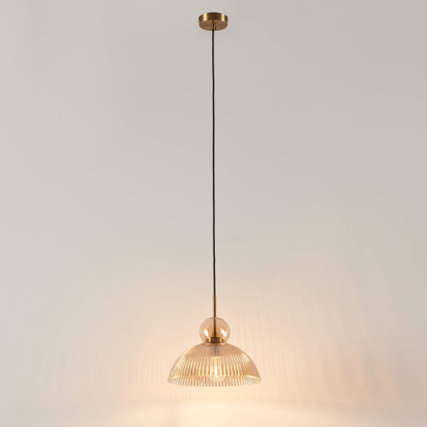 Vintage hanglamp met geribbeld amberkleurig...
