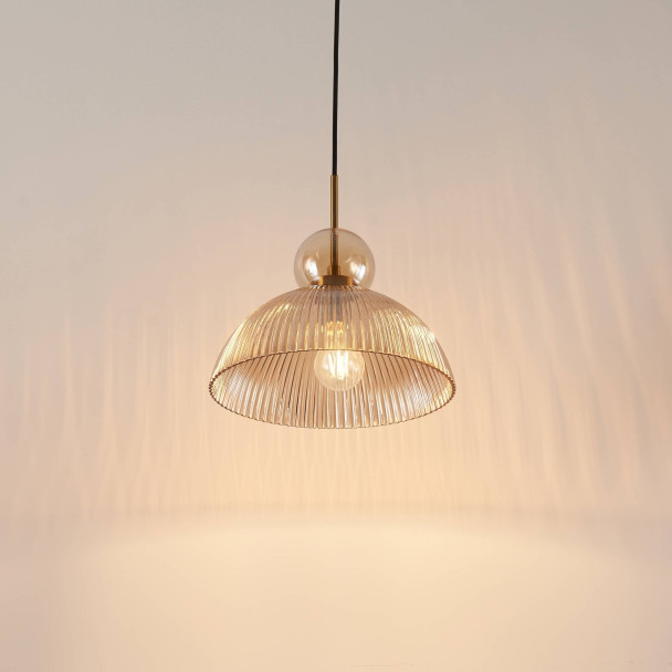 Vintage hanglamp met geribbeld amberkleurig...