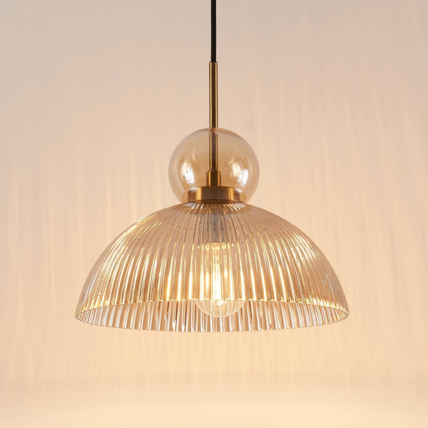 Vintage hanglamp met geribbeld amberkleurig...