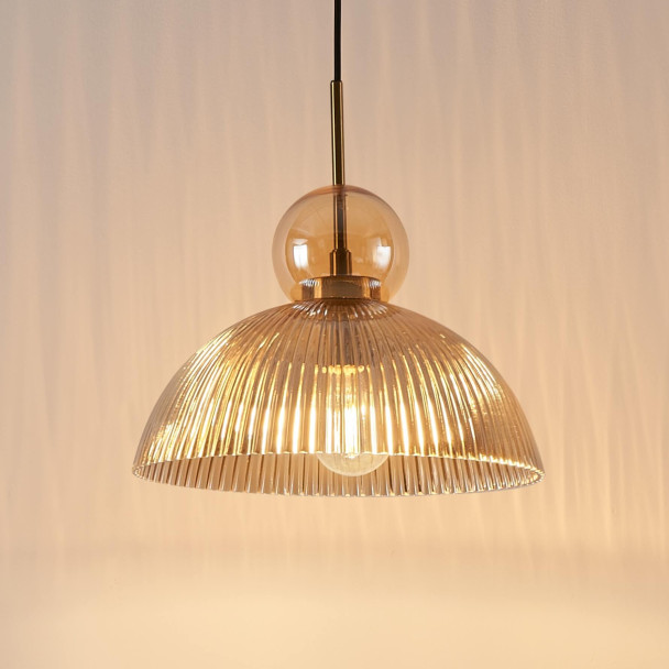 Vintage hanglamp met geribbeld amberkleurig...
