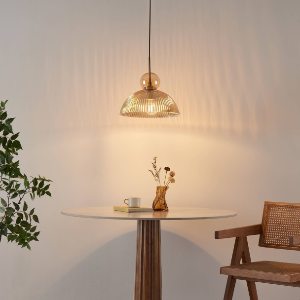 Vintage hanglamp met geribbeld amberkleurig...