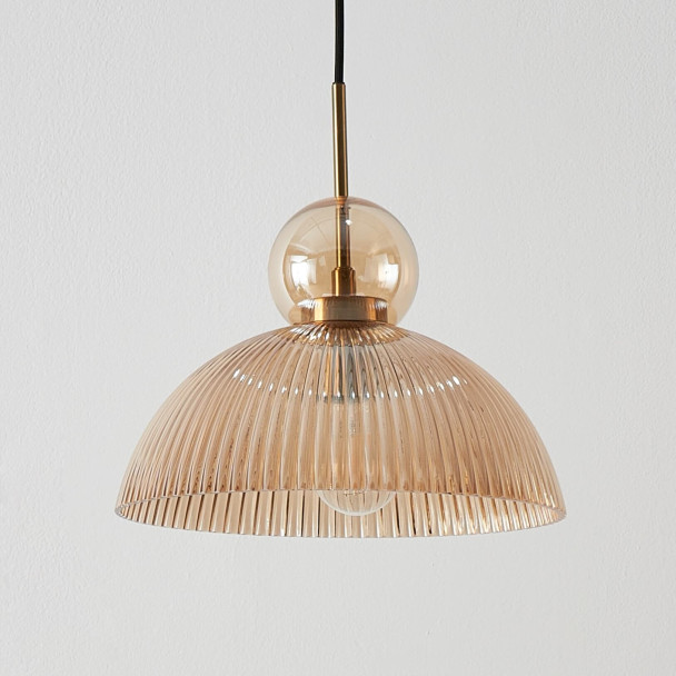 Vintage hanglamp met geribbeld amberkleurig...