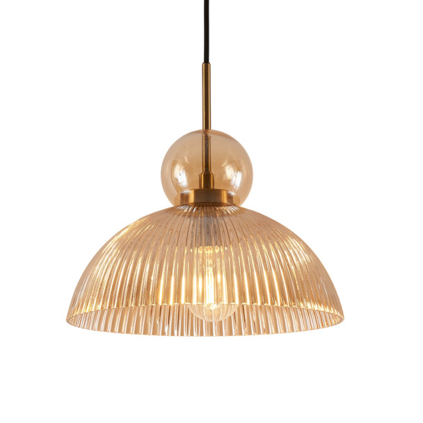 Vintage hanglamp met geribbeld amberkleurig...
