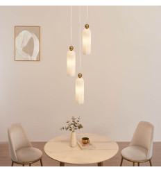 Drievoudige gouden hanglamp met opaalglas en geribbeld... 2