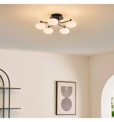 Dimbare zwart-witte plafondlamp met 5 lichtgevende bollen...