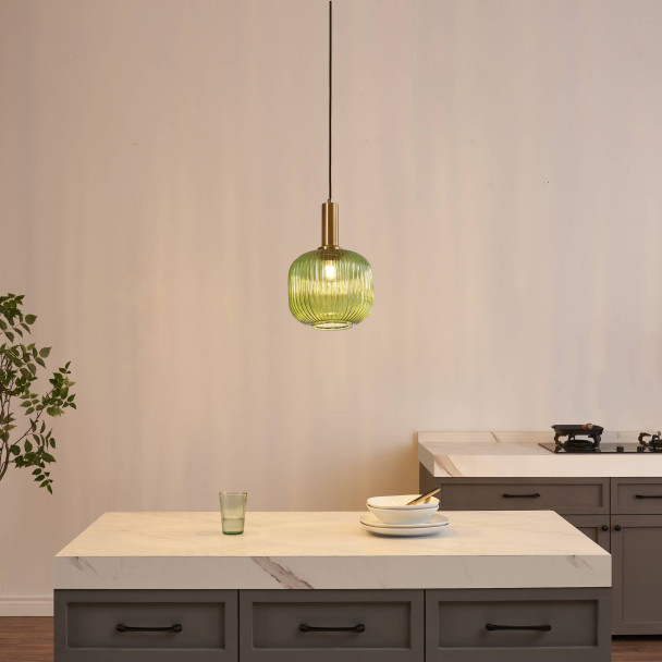 Groene vintage hanglamp van geribbeld glas en...