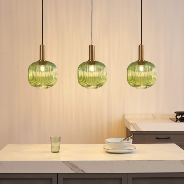 Groene vintage hanglamp van geribbeld glas en...