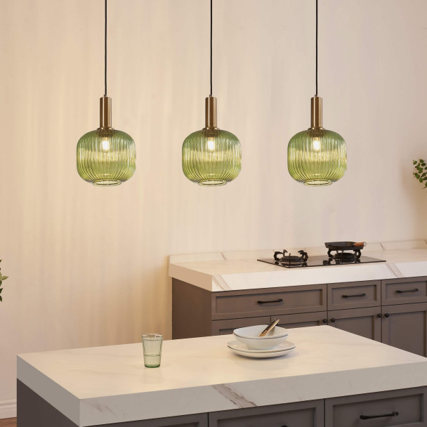 Groene vintage hanglamp van geribbeld glas en...