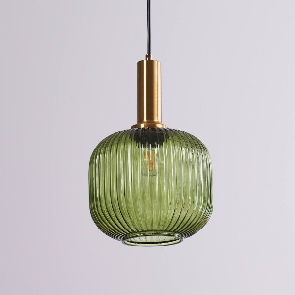 Groene vintage hanglamp van geribbeld glas en...
