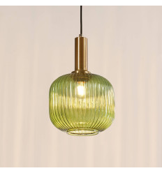 Groene vintage hanglamp van geribbeld glas en goud metaal...