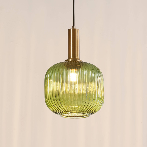 Groene vintage hanglamp van geribbeld glas en...