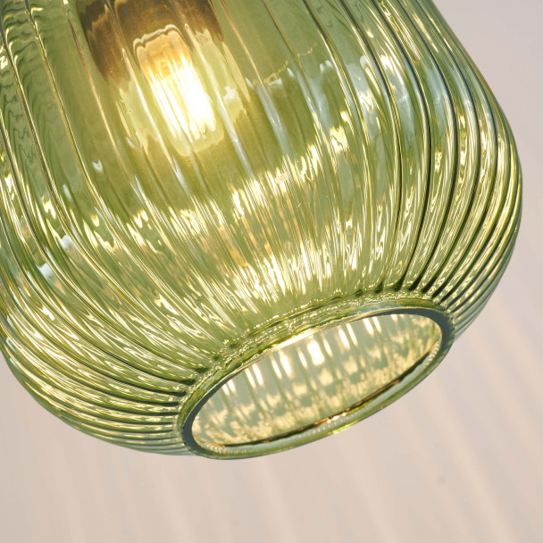 Groene vintage hanglamp van geribbeld glas en...
