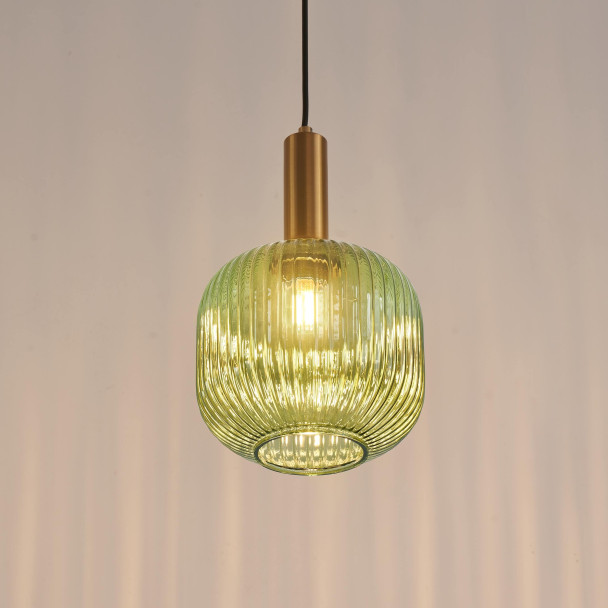 Groene vintage hanglamp van geribbeld glas en...