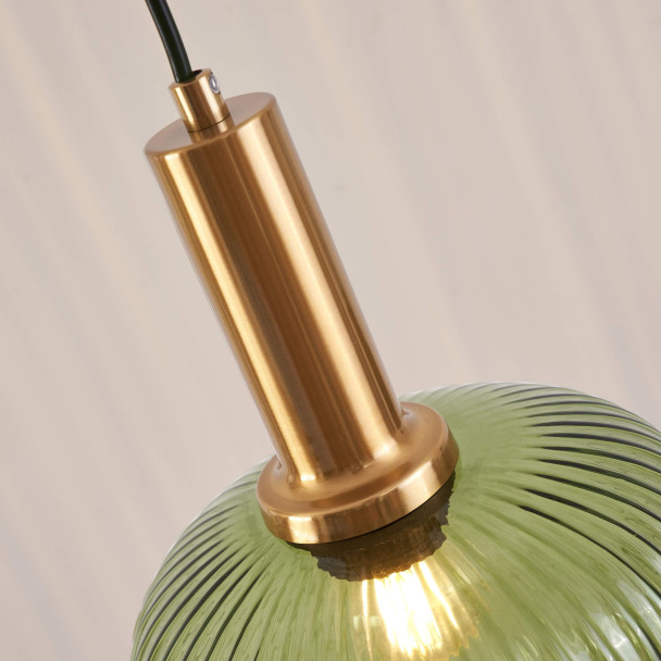 Groene vintage hanglamp van geribbeld glas en...