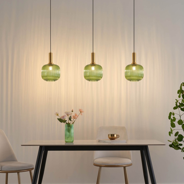 Groene vintage hanglamp van geribbeld glas en...