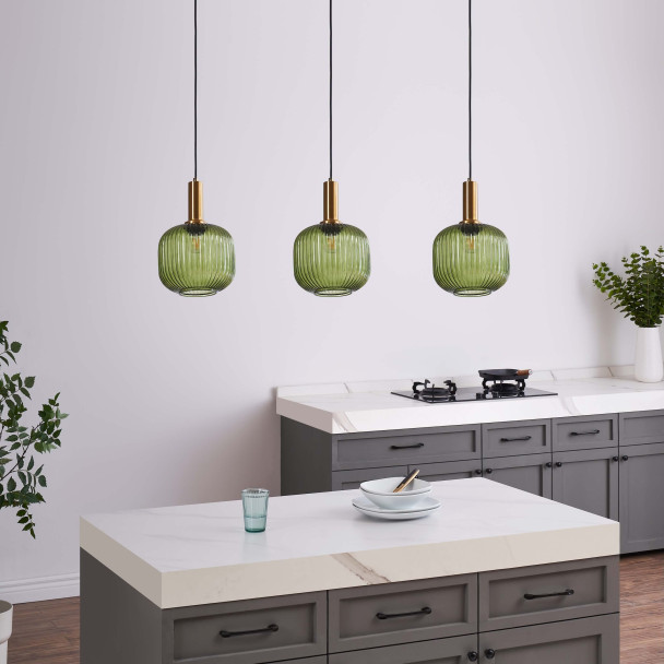 Groene vintage hanglamp van geribbeld glas en...