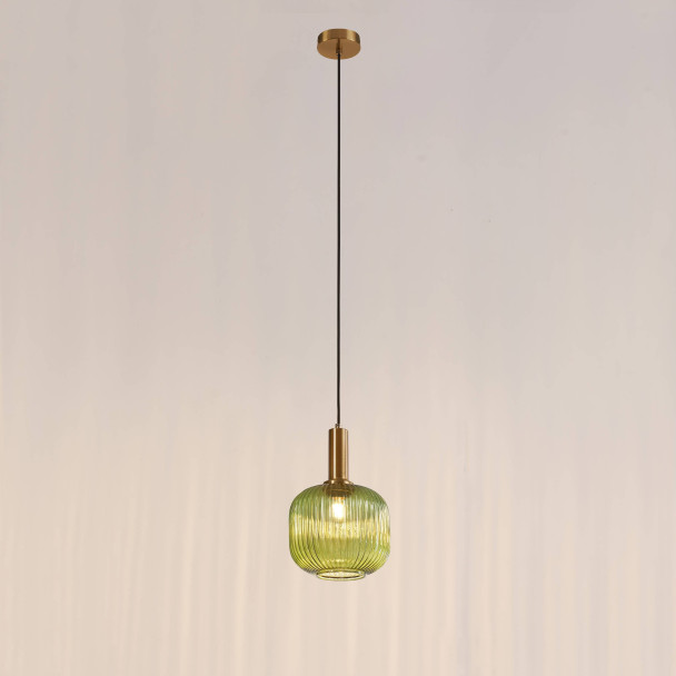 Groene vintage hanglamp van geribbeld glas en...