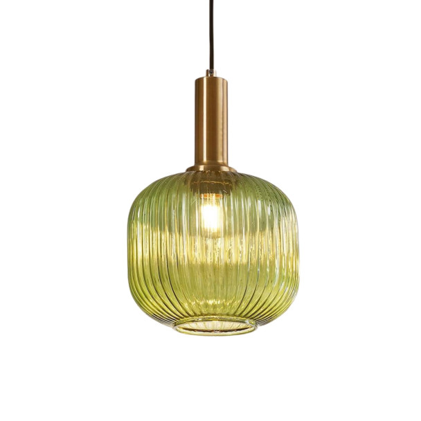 Groene vintage hanglamp van geribbeld glas en...